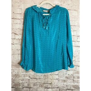 Rungolee Silk Top Womens Small Turquoise Speckled Artsy Print Tassel Tie Ruffles